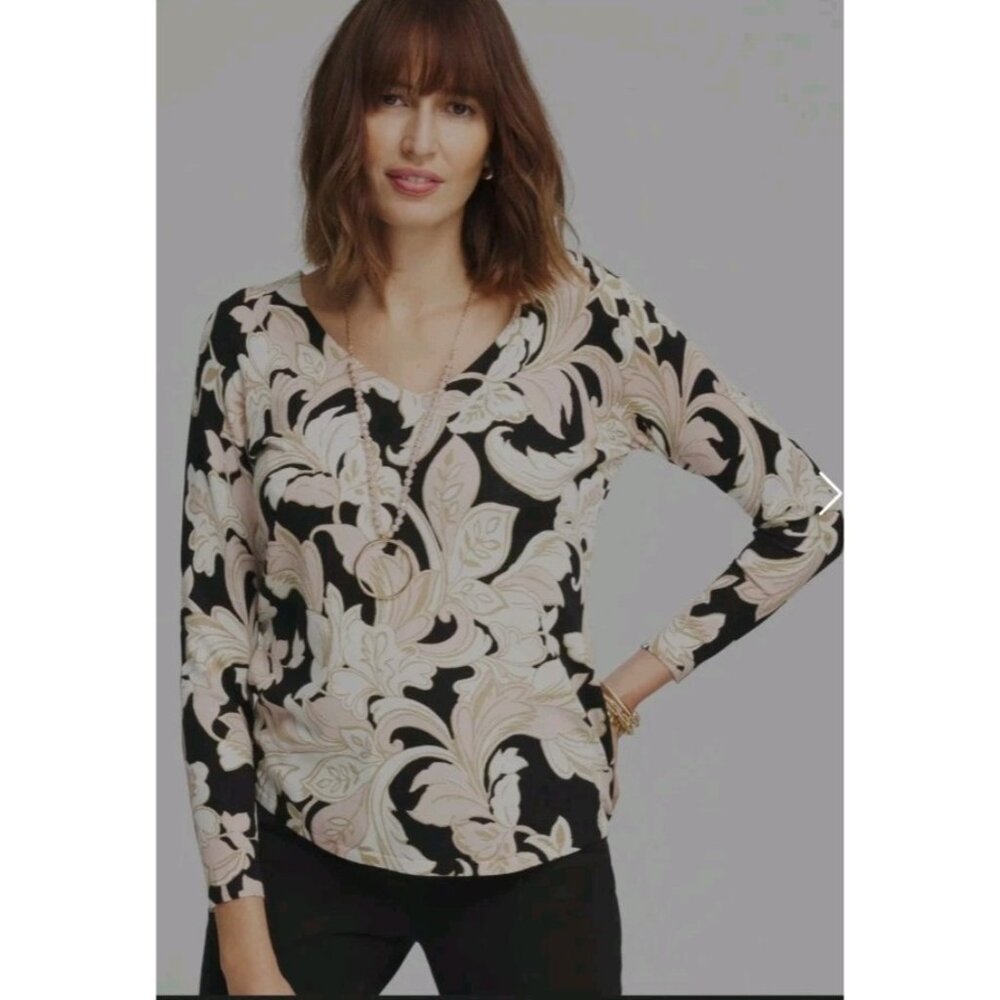 Chicos  Scroll V Neck Pullover Sweater Long Sleeve Blush Pink Black White XL NWT